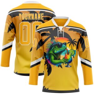 Custom Gold Black-White 3D Pattern Gradient Hawaii Tropical Palm Trees Hockey Lace Neck Jersey