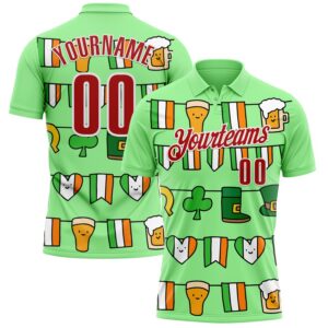 Custom Pea Green Red-White 3D St. Patrick's Day Shamrock Performance Polo Shirt