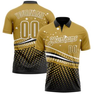 Custom Old Gold Black-White 3D Pattern Design Star And Geometric Shapes Performance Polo Shirt