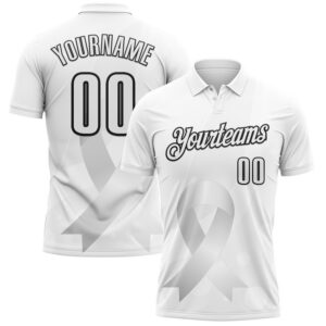 Custom White Black 3D Pattern Design Pear White Ribbon Lung Cancer Cancer Awareness Performance Polo Shirt