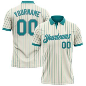 Custom Cream Teal Pinstripe-Gray Performance Polo Shirt