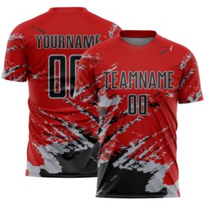 Custom Red Black-Gray Abstract Fragment Art Splash Sports Sublimation Soccer Uniform Jersey