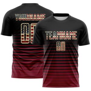 Custom Black Vintage USA Flag Cream-Crimson Gradient Pinstripe Sublimation Soccer Uniform Jersey