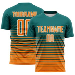 Custom Teal Bay Orange-White Gradient Pinstripe Sublimation Soccer Uniform Jersey