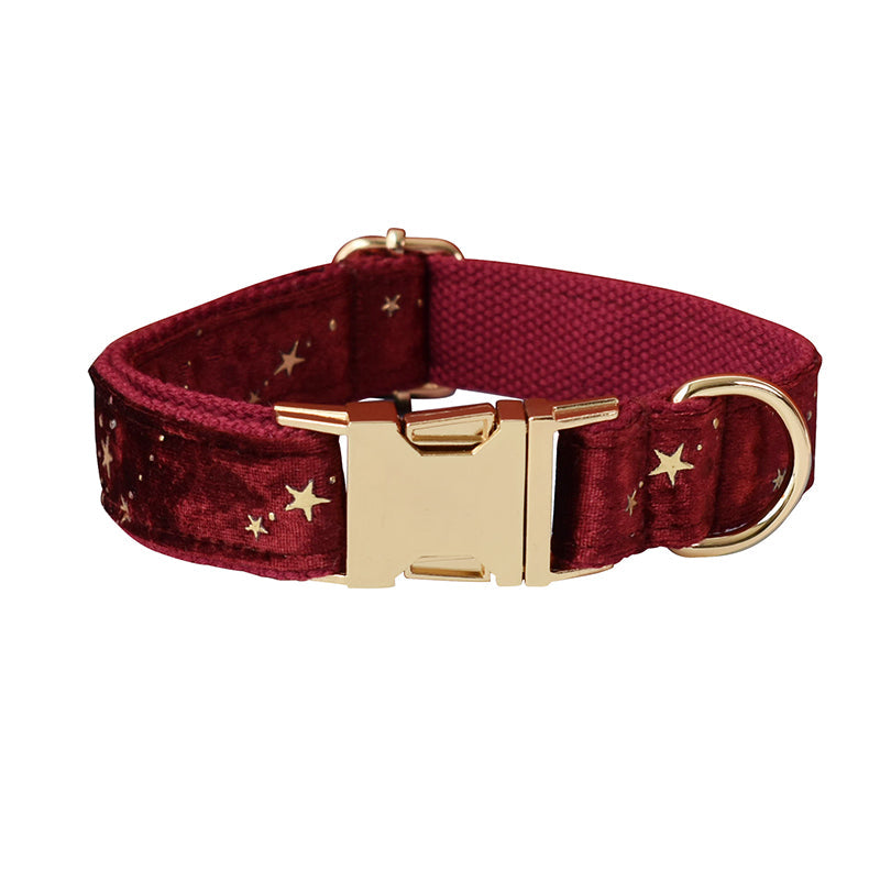 Starry Night Scarlet Red Velvet Dog Collar Leash Set